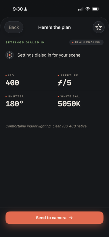 PocketPrimer showing the recommended camera settings, ready to send
