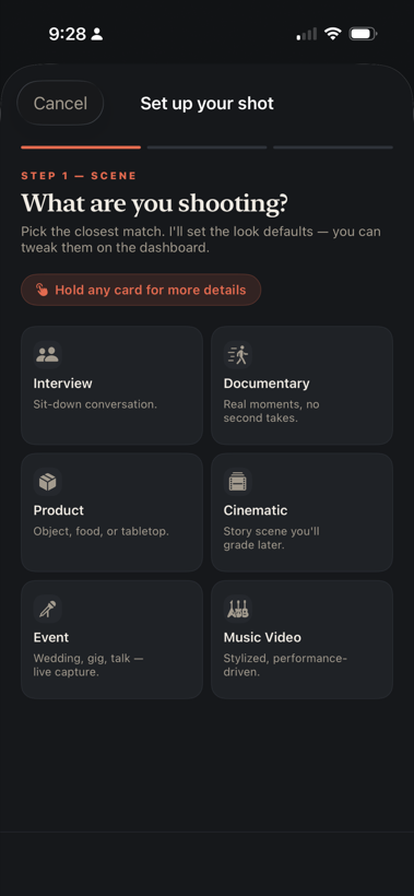 PocketPrimer asking what you're shooting, with scene cards