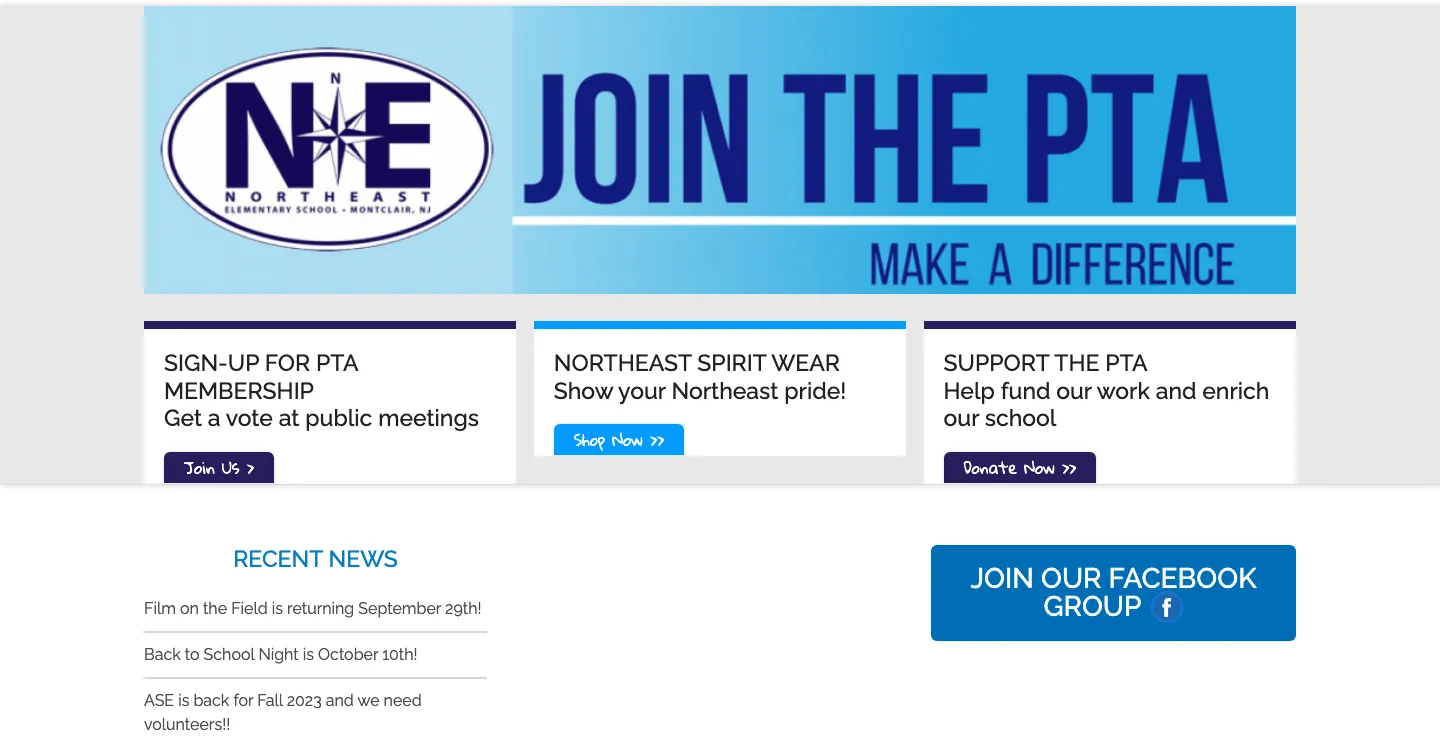 The Northeast PTA homepage in September 2023: a large Join the PTA banner, three all-caps cards, and a short news list.